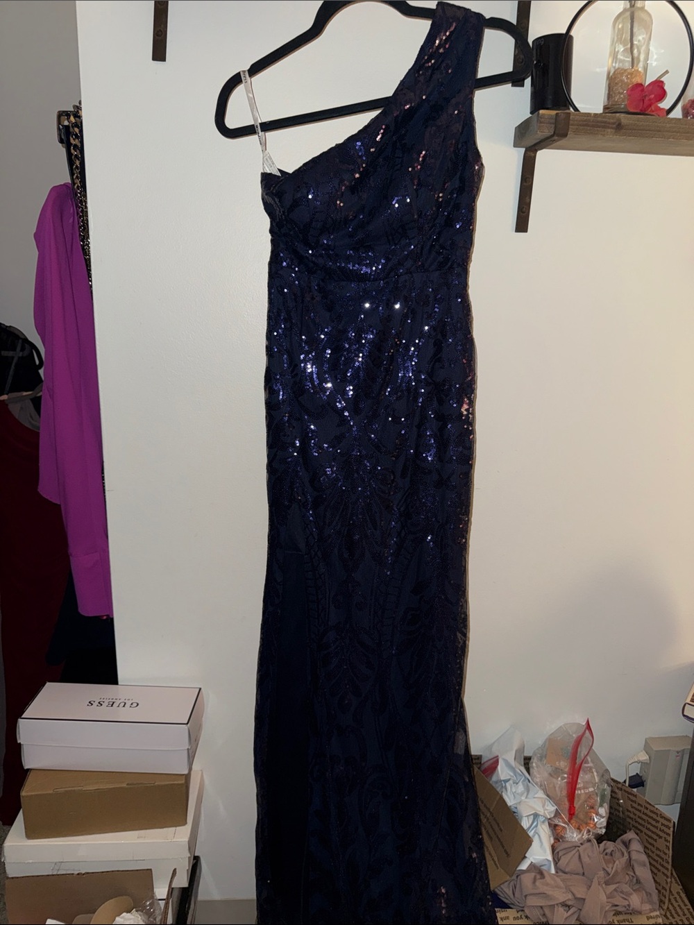 Sequined Navy One-Shoulder Evening Dress